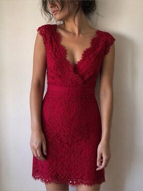 Tadashi Shoji Red Lace Sheath Dress 10  Petite Romantic Coquette Cocktail